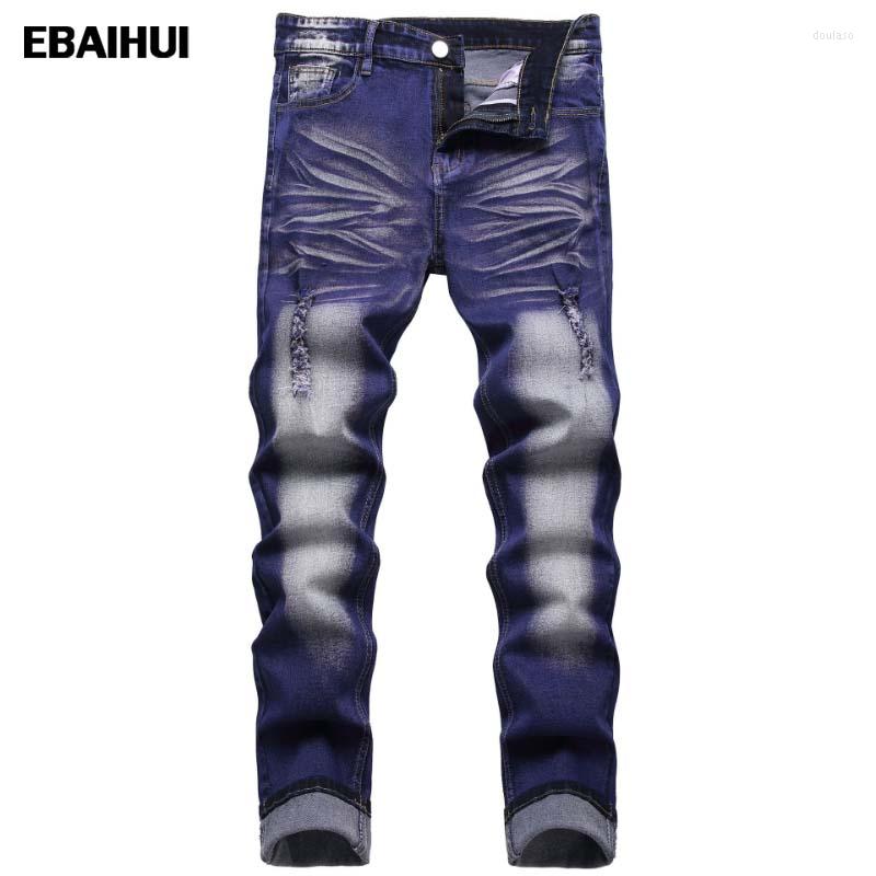 

Men's Jeans EBAIHUI Ripped Spring And Winter Vintage Style Coated Men's Clothing Pants Frayed Stretch Blue Casual Mens