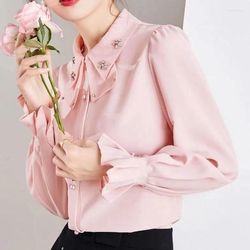 

Women's Blouses Elegant Solid Color Beading Chiffon Butterfly Sleeve Shirt Women's Clothing 2023 Spring Casual Tops Office Lady Blouse, Blue
