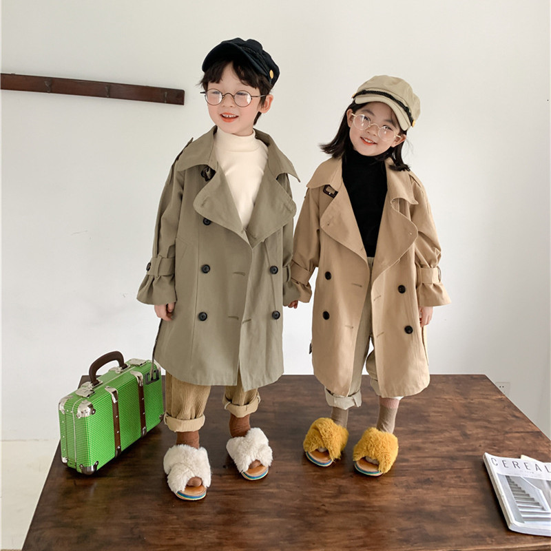 

Tench coats Spring Fall Kids Fashion Trench Coat 2-7 Years Boys and girls Big Turn-down Collar Long Windbreaker Children Outerwear 230213, Army green