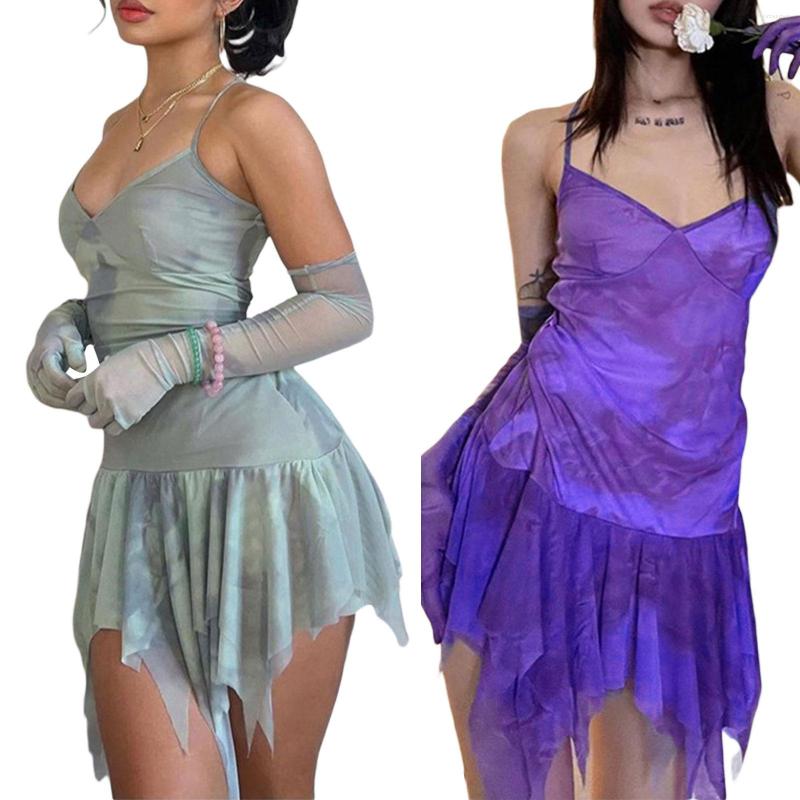 

Casual Dresses Women' Sleeveless Dress Halterneck Summer Pleated Mini With Mesh Long Sleeves