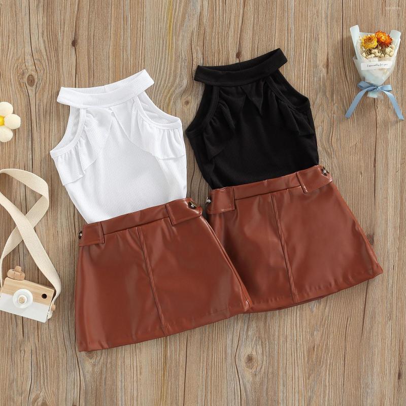 

Clothing Sets 2023 Summer Kid Baby Girl Outfit Set Solid Color Sleeveless Ribbed Tops Leather Short Skirt Children 1-5Y, Black
