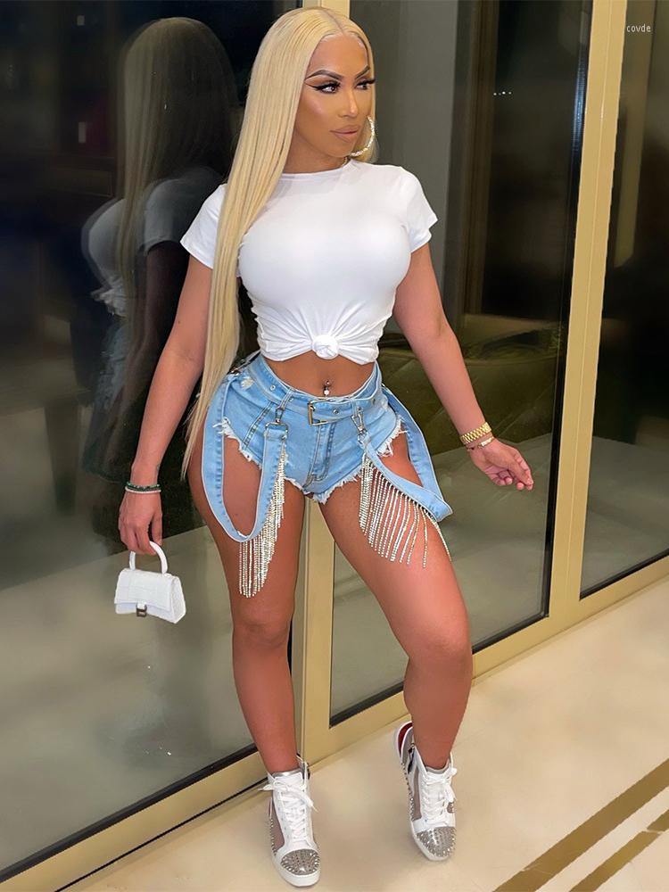 

Women' Shorts Aualay Fall Streetwear Y2K For Women 2023 Low Waist Skinny Bandage Fashion Blue Tassel Denim Jeans Female, Light blue