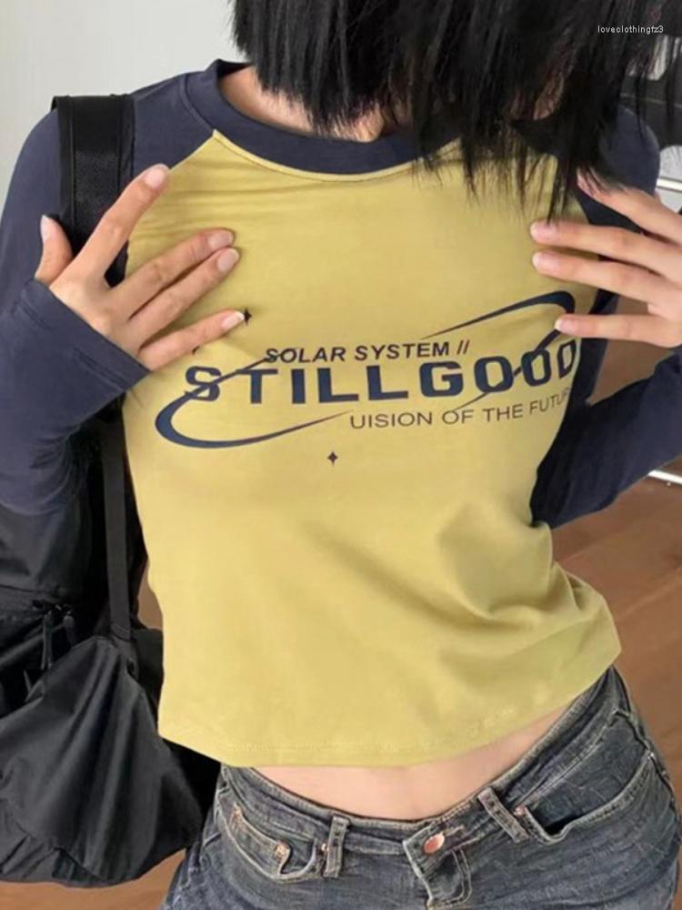 

Women's T Shirts Y2K Contrast Patchwork T-shirt Casual Women Spring Aesthetics Cyber Clothes Long Sleeves Tops Female Print Basic Tees, As shown