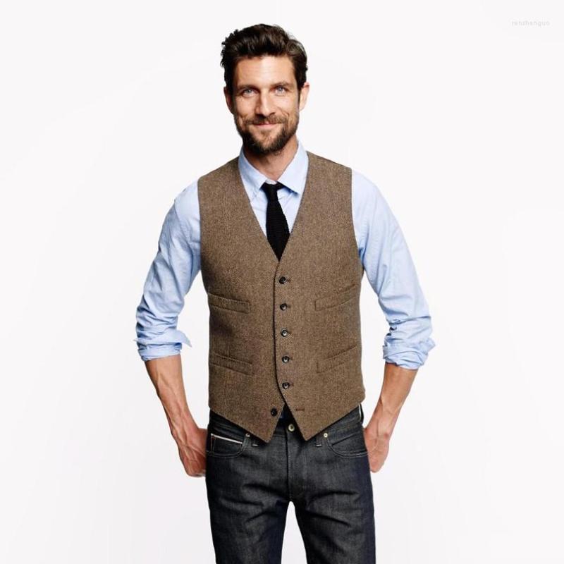 

Men's Suits Auriparus Flaviceps Farm Wedding Waistcoat Vintage Brown Tweed Vests Custom Made Groom Vest Mens Slim Fit, Gray