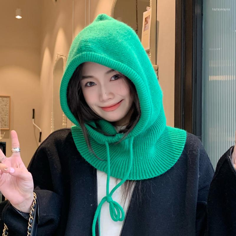 

Berets Winter Balaclava Hats For Women Unisex Knit Hooded Cap Outdoor Warm Drawstring Hat One-Piece Neck Collar Beanies Men, Black