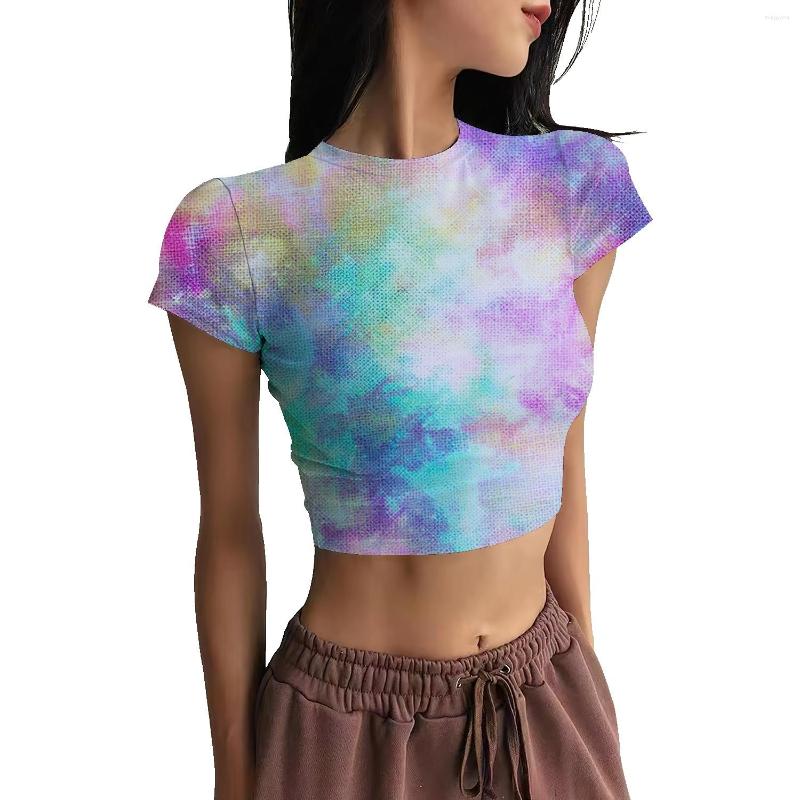 

Women's T Shirts Ink Painting Fashion Print Round Neck Short Sleeve High Waist Navel Top Sexy Stretch T-Shirt, Black
