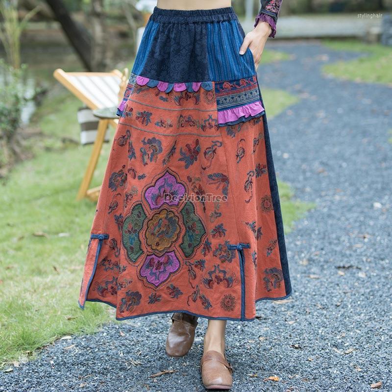 

Ethnic Clothing 2023 Chinese Vintage Flower Embroidery Traditional Skirt Elastic Waist Long National Style Women Retro