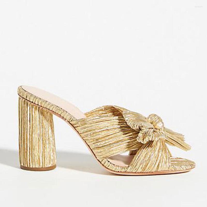 

Sandals Gnazhee 2023 Gold Pleated Bow Heel Women's Mules Summer Party White Wedding Shoes High Heeled Cute Elegant Slipper, Silk pink