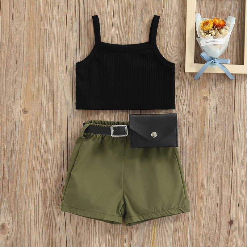 

Clothing Sets Summer New Baby Girls Clothes Outfit Fashion Spaghetti Strap Sleeveless Ribbed VestShortsWaist Bag PCS Suit For Toddler, Green