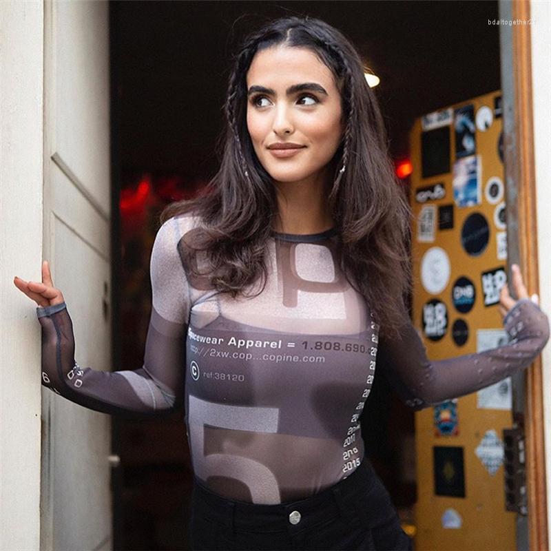 

Women' T Shirts Women Spring Autumn Casual Vintage Print T-shirt See-through Round Neck Long Sleeve Slim Fit Printed Crop Tops