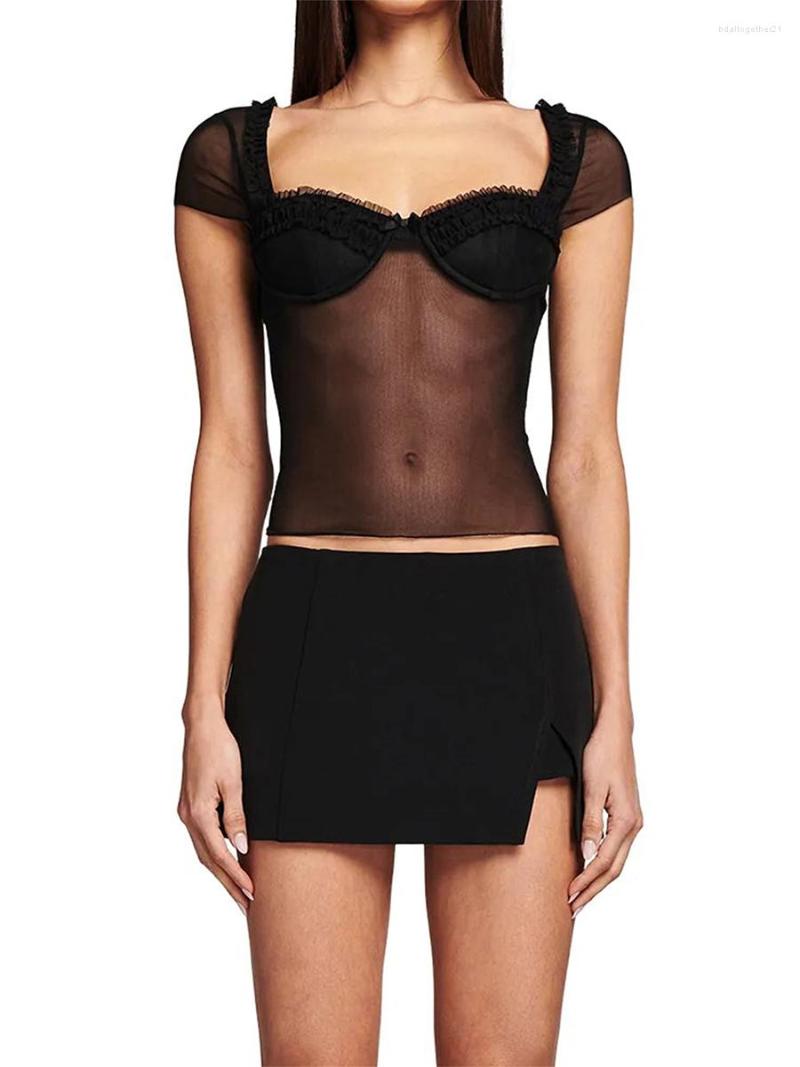 

Women' T Shirts Women See Through Sheer Mesh Crop Tops Sexy Lace Slim Fit Shirt Low Cut Square Neck Out Blouse, Black