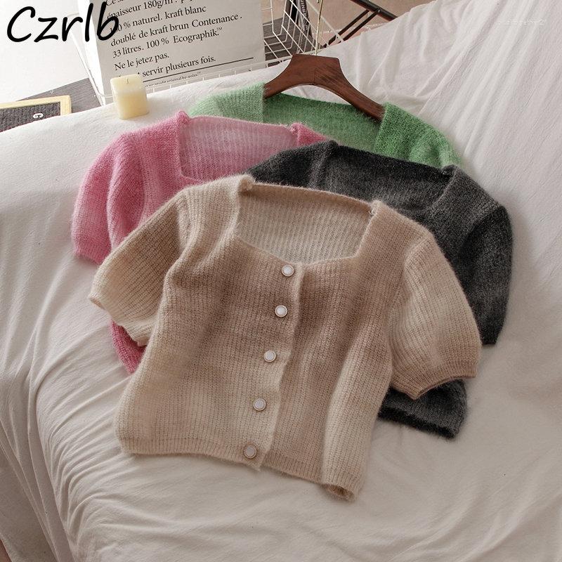 

Women's T Shirts Autumn Knitted Short Sleeve T-shirts Women Gradient Colors Aesthetics Crop Tops Fashion Chic Ins Stylish Soft Square Collar, Black