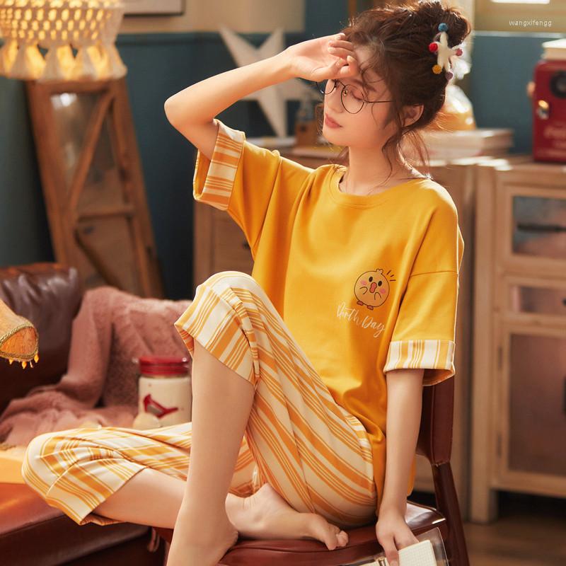 

Women's Sleepwear 2023 Knitted Cotton Cartoon Short Sleeve Pajamas Sets For Women Casual Nightwear Calf-Length Pants Homewear Suit, Picture shown
