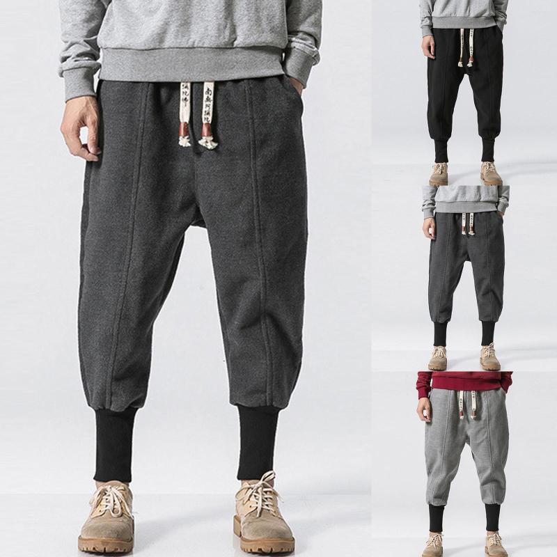 

Men's Pants Men Solid Winter Cotton Elastic Waist Thickened Loose Joggers Baggy Casual Trousers Mens, Black