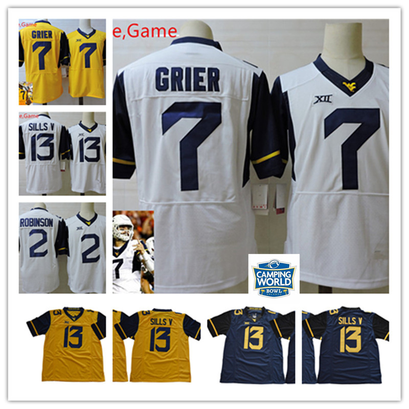 

Mens Will Grier West Virginia Mountaineers Football Jersey Stitched 2 Kenny Robinson Jr. 13 David Sills V WVU Jersey
