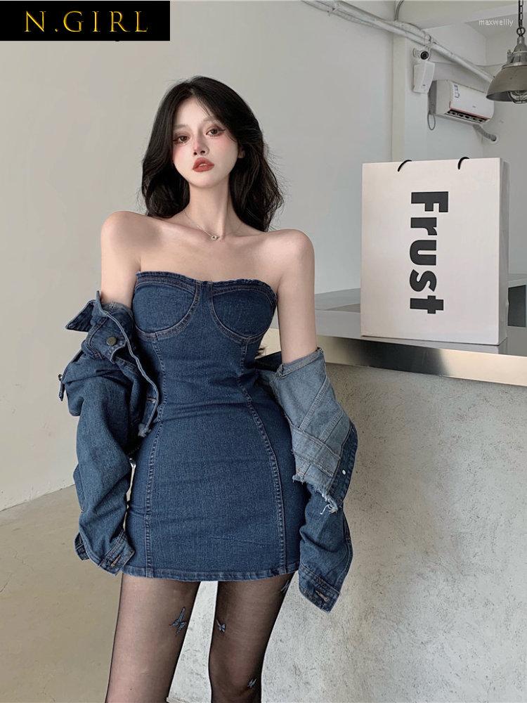 

Work Dresses N GIRLS Gothiscyn High Denim Suit Women Spring 2023 Short Coat Jacket Suspenders Tube Top Dress Korean Two-piece Set Ladies