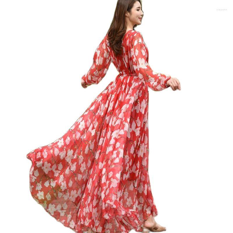 

Ethnic Clothing Floral Printed Maxi Dress Women's Sundress 2023 Abaya Chiffon Muslim Robe V Neck Long Sleeves Loose Fashion