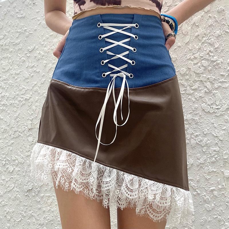 

Skirts 2023 Patchwork Fashion Lace Leather Slim Casual Denim Skirt Women' Irregular High Waist Chic Pants Summer Party Streetwear, Blue
