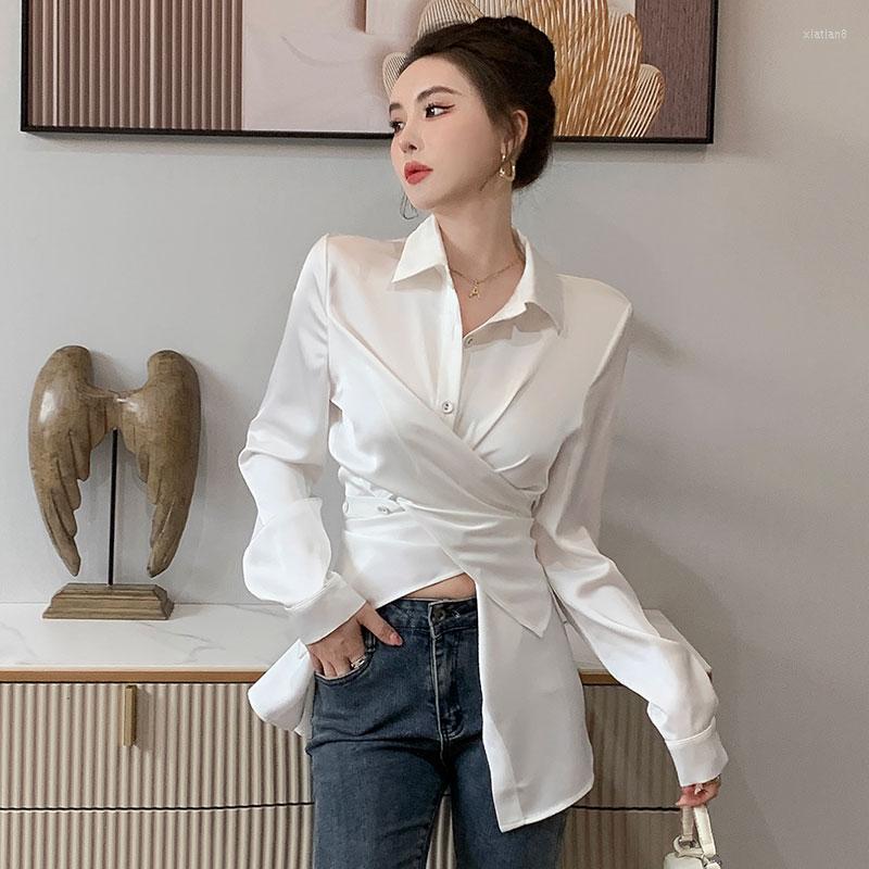

Women' Blouses Satin White Draw Back Women' Personality Split Shirts Summer Slim Top Long Sleeve Casual Solid Fashion Female