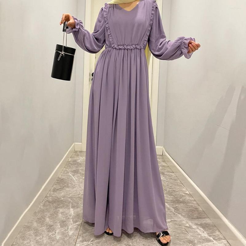 

Ethnic Clothing Muslim Fashion Women Dress Moroccan Kaftan Long Sleeve Robe Elegante Femme Edge Solid Color Ladies Chiffon Dresses