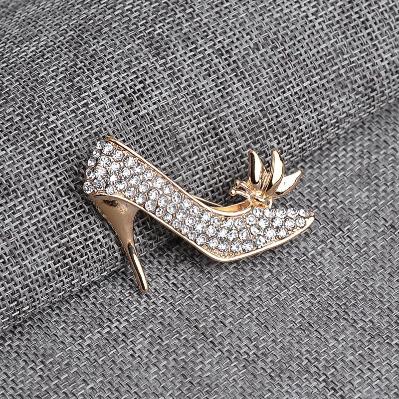 

Brooches Summer Elegant Female Jewelry Full Crystal High Heeled Shoes With Crown Lapel Pins Golden For Women Girls Prom Gift