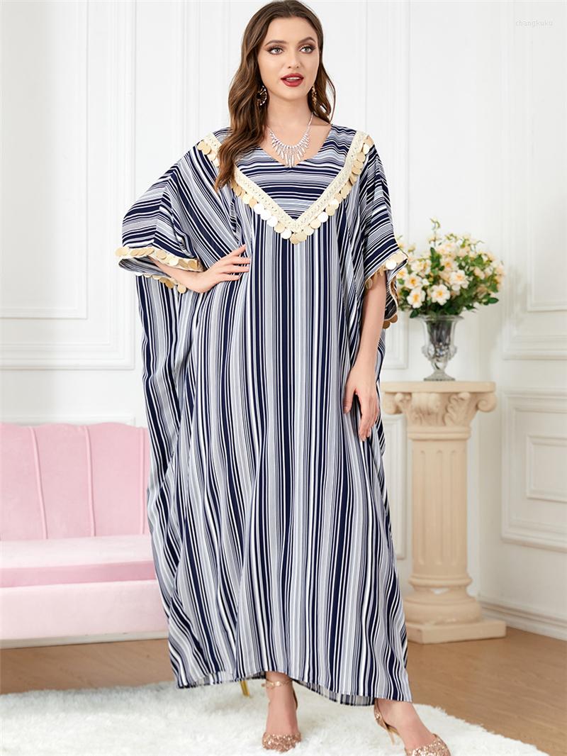 

Ethnic Clothing Arab Abaya Dubai Turkey Islamic Muslim Striped Sequins Long Dress For Women Robe Longue Djellaba Boubou Femme Kaftan Y3557