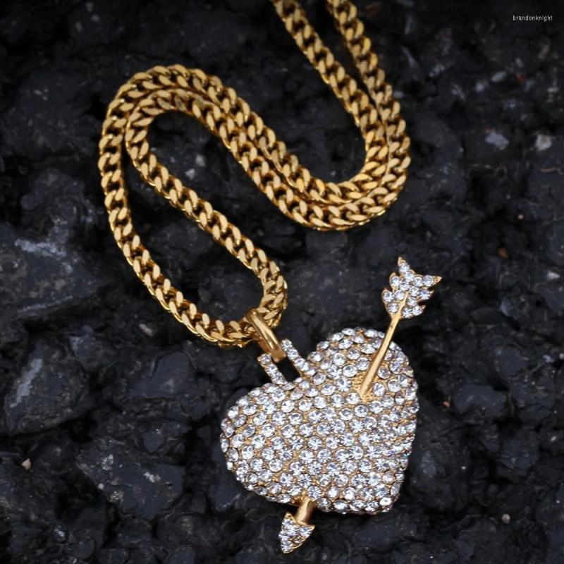 

Chains 1Fashion Mini Heart With Arrow Pendant Necklace Stainless Steel Full Iced Rhinestones Hiphop Jewelry For Men Women Gifts