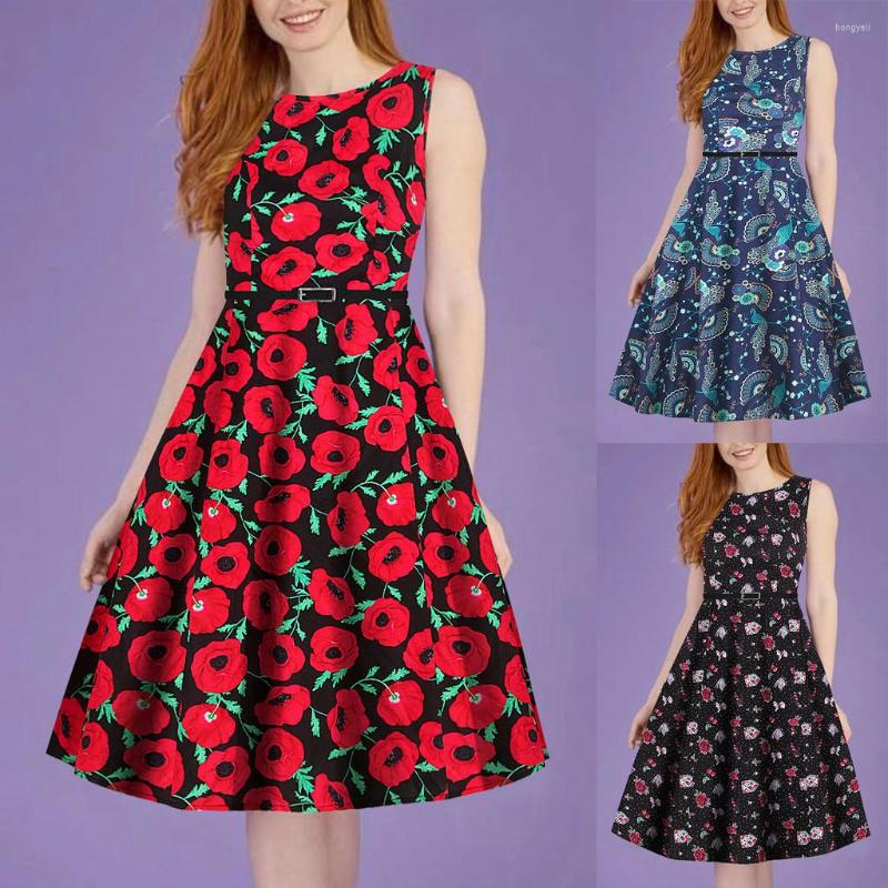 

Casual Dresses Fashion Women Printing Sleeveless O-Neck Elegant Big Hem Retro Dress With Belt, Navy