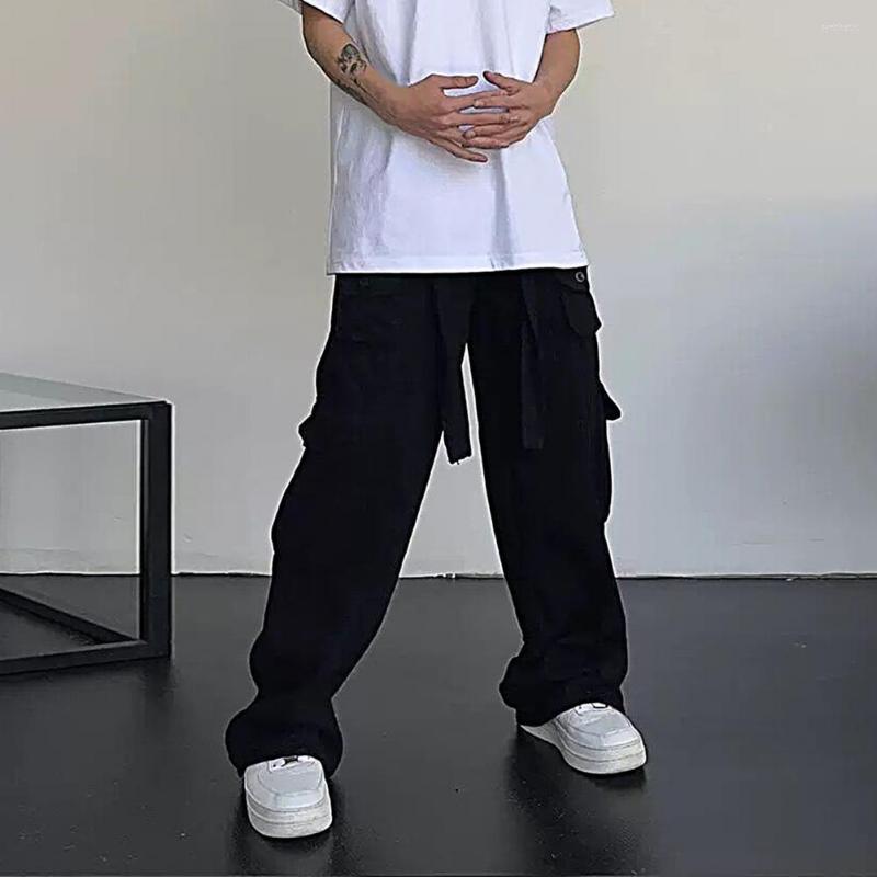 

Men's Pants Multiple Pockets Zipper Button Placket Belt Men Straight Wide Leg Solid Color Cargo Streetwear, Black