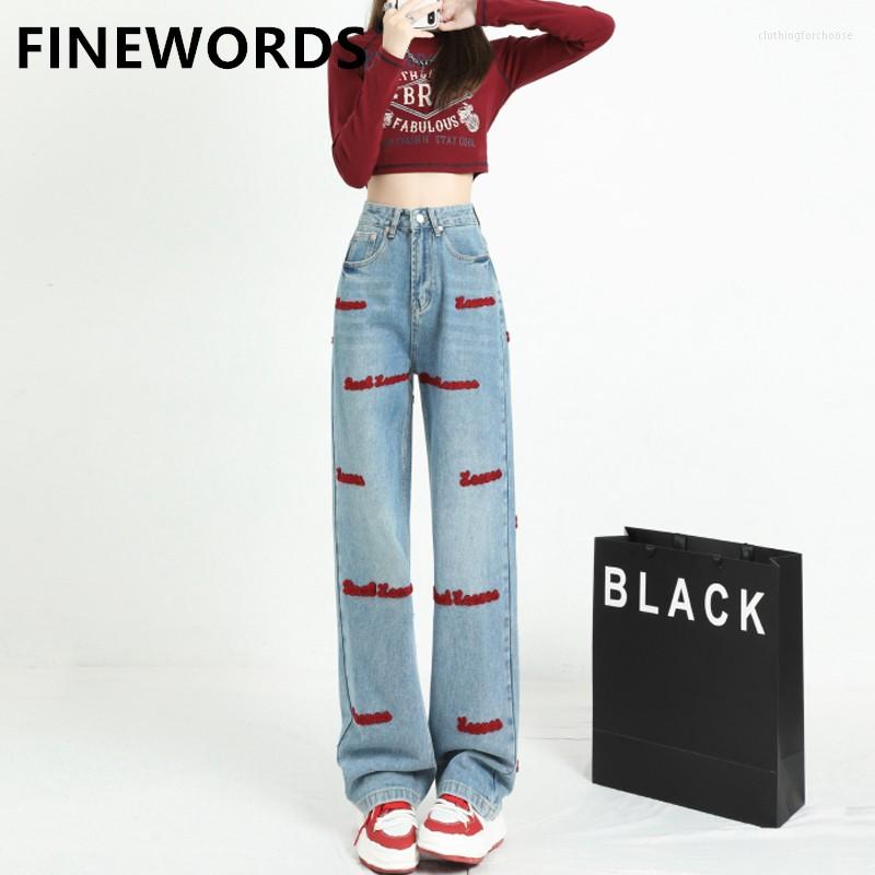 

Women's Jeans FIORDS Vintage Casual Embroidery Wide Leg High Waist Pattern American Design Loose Streetwear Coolest Denim Pants, Blue