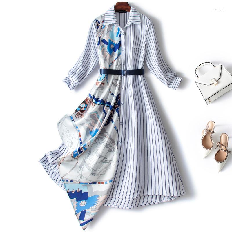 

Women' Two Piece Pants 2023 Spring Fashion Striped Shirt Skirt Medium Length Design Sense Long-sleeved Cardigan Lined Dress, White blue
