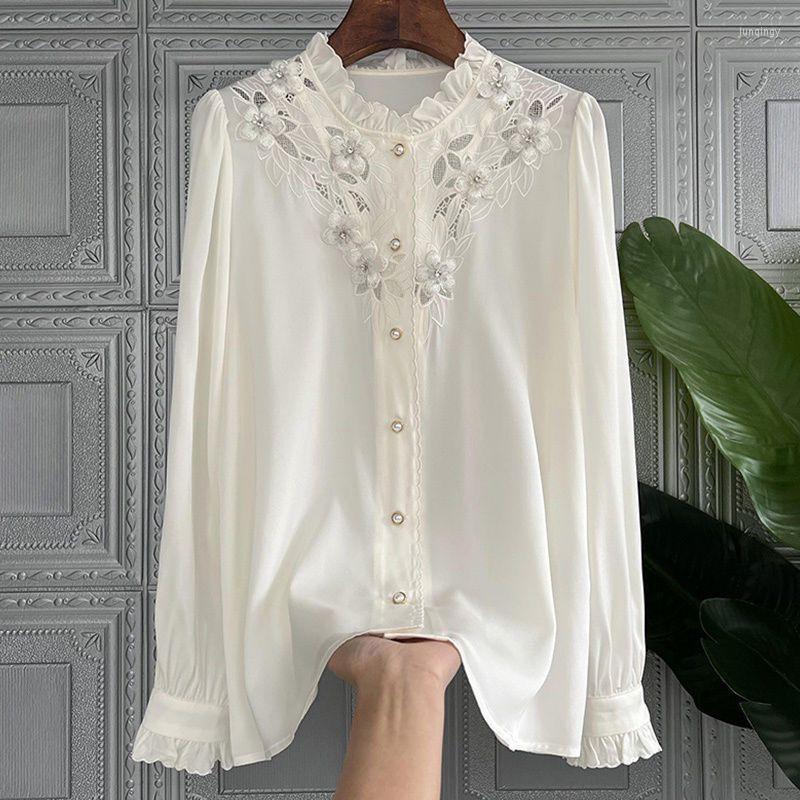

Women's Blouses All-match Office Lady Women Shirt Long Sleeve Hollow Out Embroidery Stand Collar Spring Summer Fashion Cotton Cardigan Blous