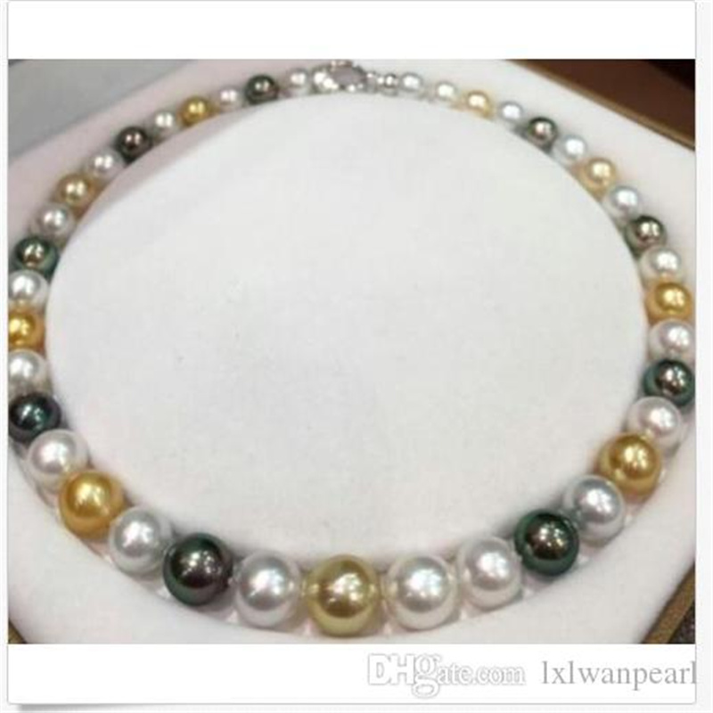 Beaded Necklaces Huge 18"10-12mm natural tahitian black south sea white gold pearl necklace 14k-image-436000448