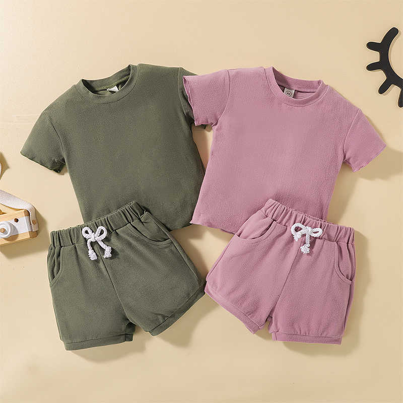 

Clothing Sets New Kids Baby Girls Boys Suit Set Solid Short Sleeve TShirtShorts with Pockets for Summer Toddler Casual Clothes, Army green