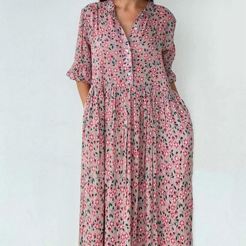 

Casual Dresses Floral Print Summer Women Dress Bohemian Short Sleeve Woman Maxi Pink A-Line Ruffles For 2023 Robe Femme