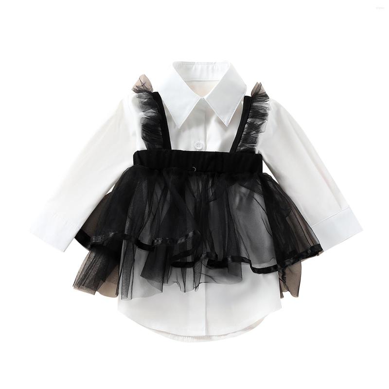 

Clothing Sets 1-6Y Toddler Kids Baby Girl Long Sleeve Turn Down Collar White Shirt Dress Strap Tutu Dresses 2PCS Fashion Children Clothes, Picture shown