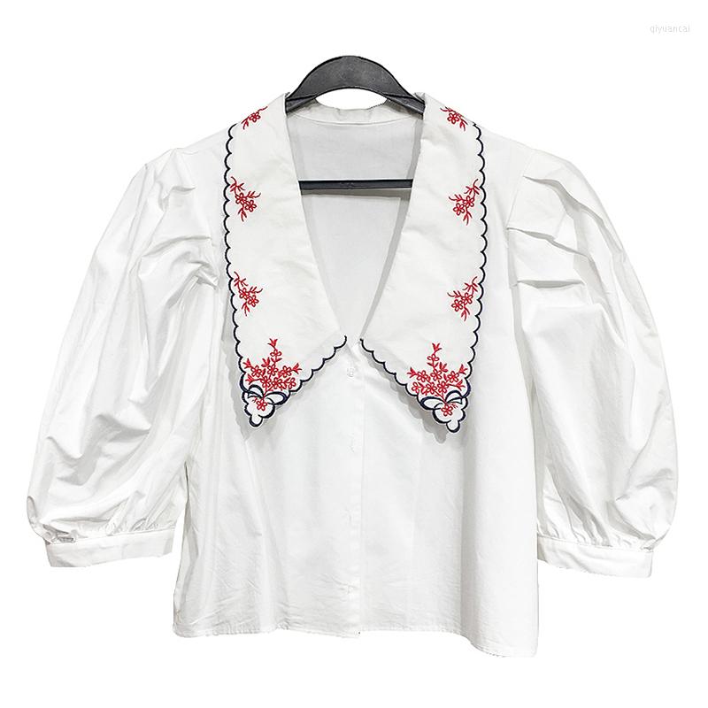 

Women's Blouses PERHAPS U White Turn Down Collar Embroidery Shirt Puff Short Sleeve Button Blouse Summer Casual Loose Women B0825, Picture shown