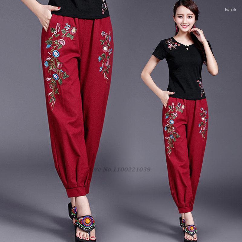 

Ethnic Clothing 2023 Vintage Casual Trousers Pantalones Chinese National Harajuku Women Retro Cotton Linen Pants Flower Embroidery Loose