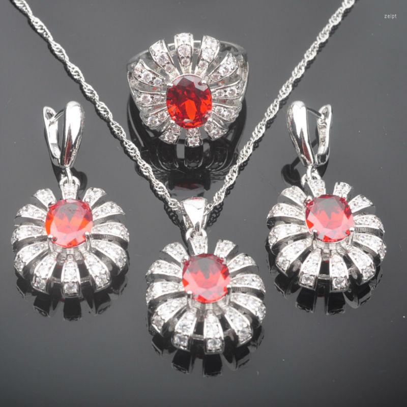 

Necklace Earrings Set For Women Engagement Jewelry Wedding Wholesale Gift Red Garnet Silver Color Pendant Rings QZ091, Picture shown