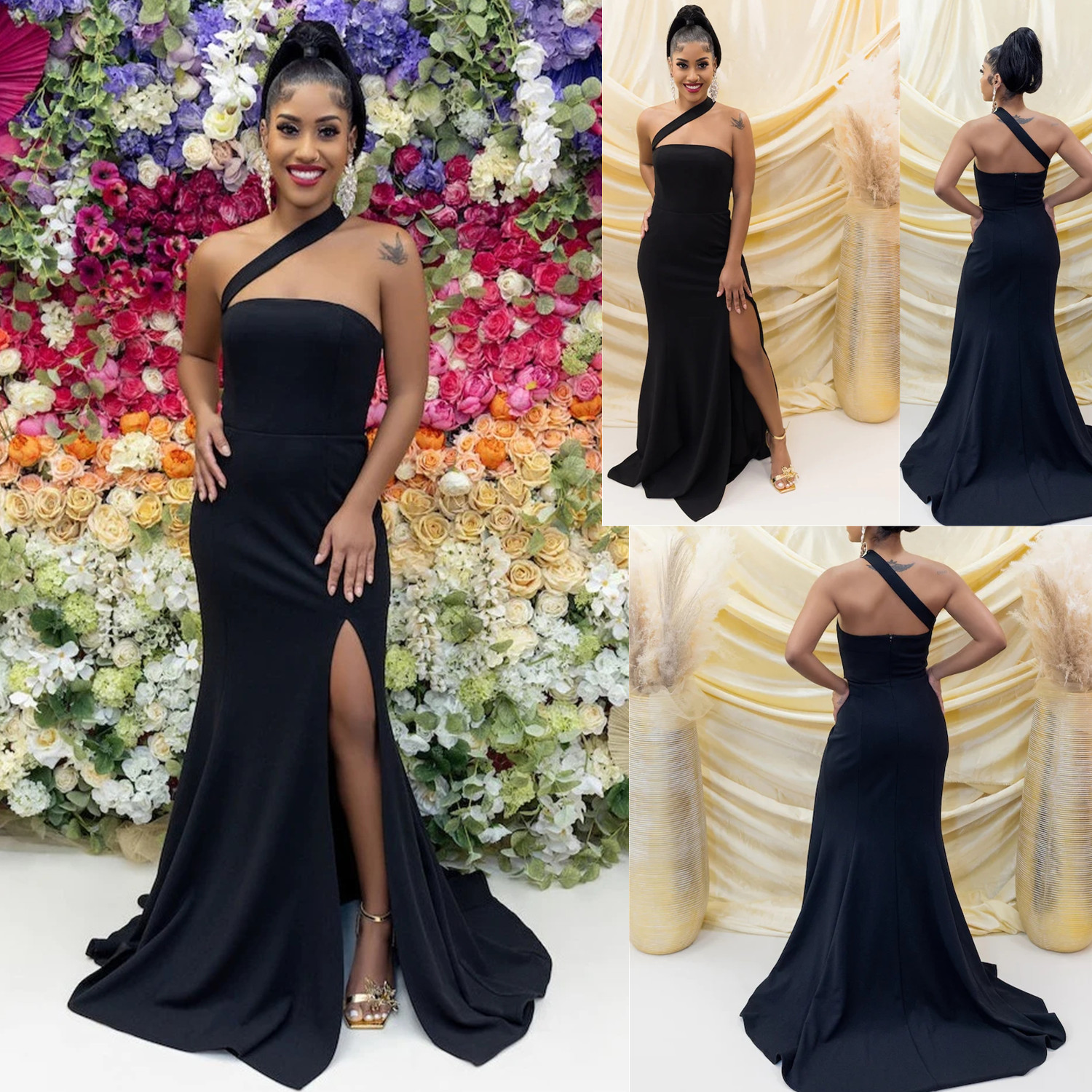 

2023 Elegant Split Mermaid Bridesmaid Dresses For Weddings Satin One Shoulder Sleeveless Floor Length Plus Size Formal Maid of Honor Gowns