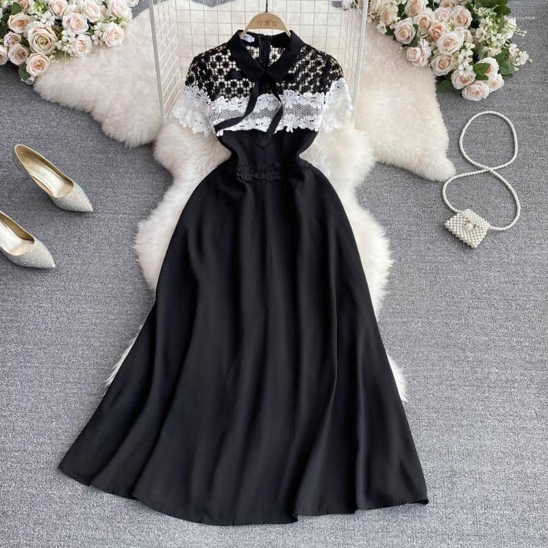 

Party Dresses Autumn/winter Lapel Lace Patchwork Receiving Waist Long Dress, Black