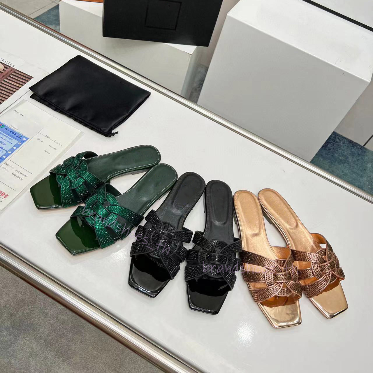 

2023 Designer Slipper Tribute Flat Sandal Women Fashion Leather Interwining Straps Slide Sandals Patent Embossed Nappa Women Slippers with Box 35-43, 20