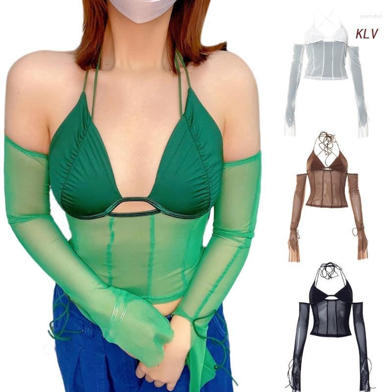 

Women' T Shirts Women Sexy Sheer Mesh Low Cut Halter Crop Top Lace-Up Bandage Split Long Sleeve Off Shoulder Bustier T-Shirt Clubwear, Brown