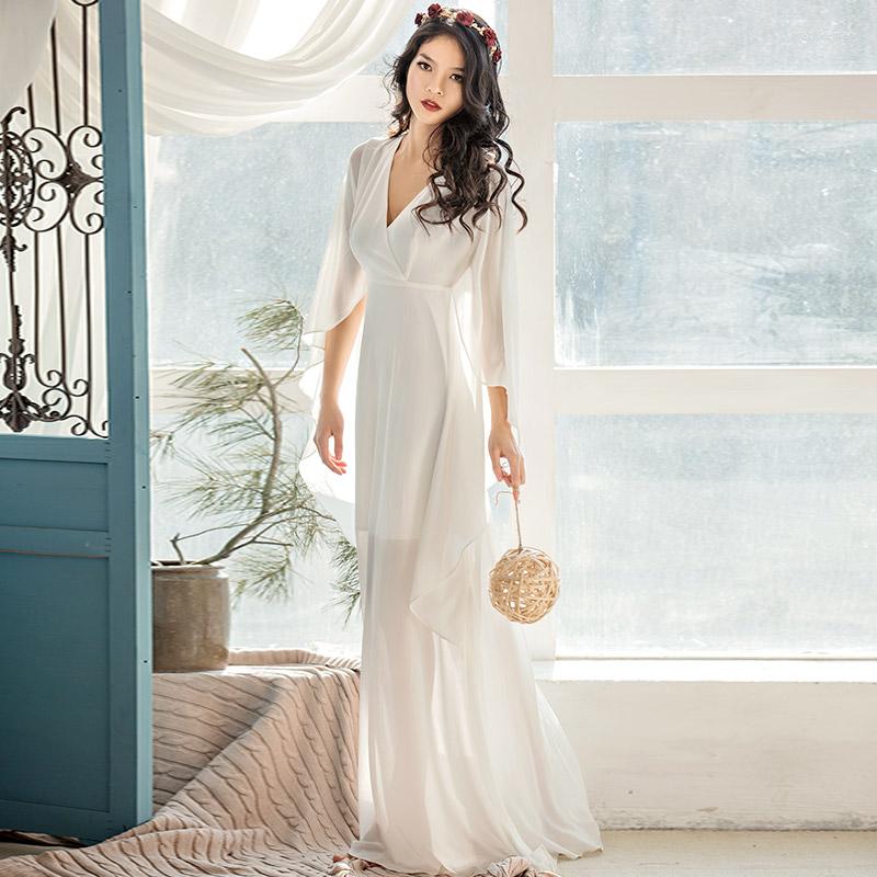 

Party Dresses Summer Woman Vintage Retro Maxi Long Chiffon Dress Ladies Cloak Half Sleeve High Waist V Collar Floor-Length, Beige