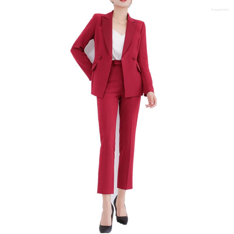 

Women's Two Piece Pants Burgundy Women's Suits High-quality Casual Silm Fit Double-breasted Business Wear Two-piece Blazers