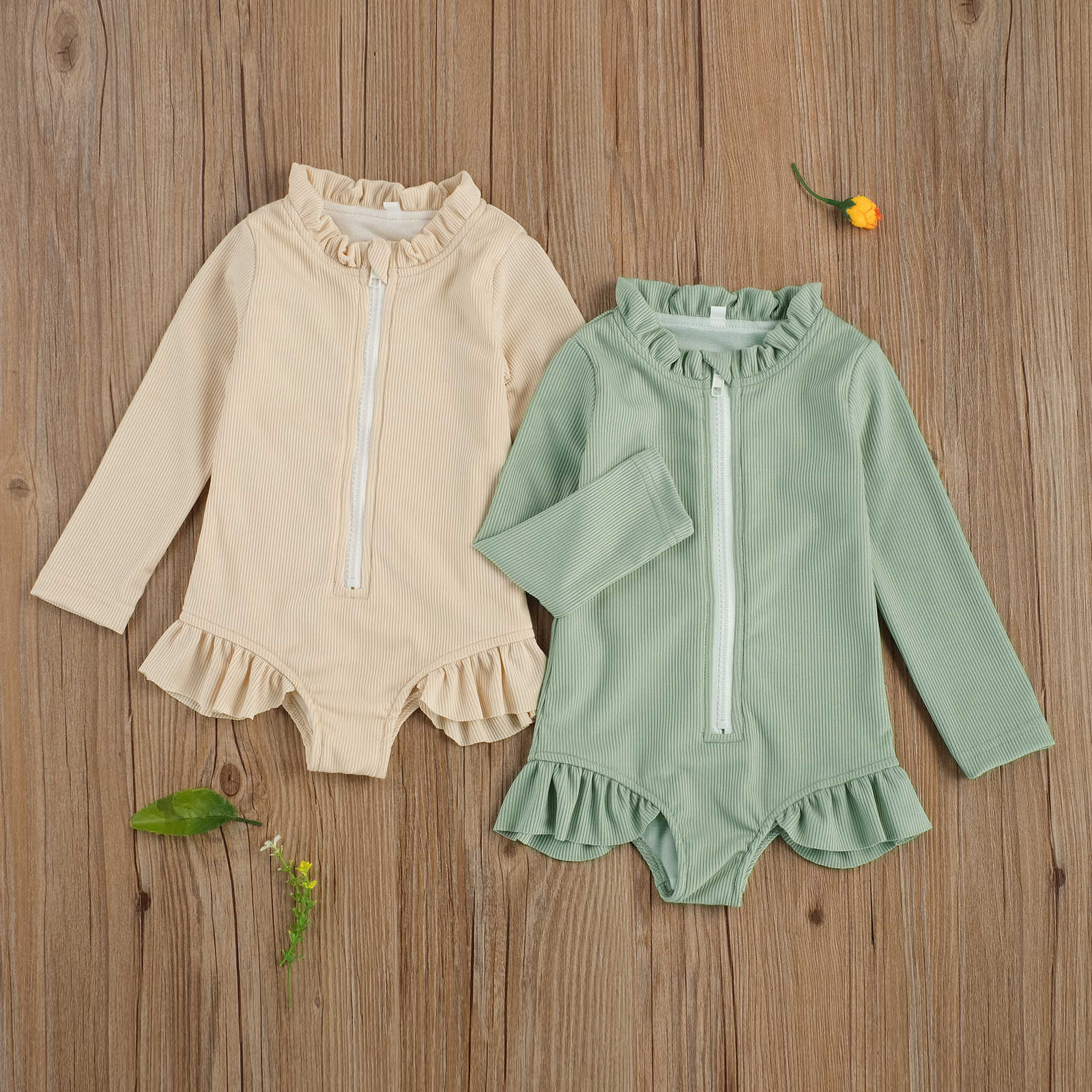 

Clothing Sets Cute Summer Toddler Baby Girls Long Sleeve Swimsuit Solid Color Ruffle Zipper Rash Guard Swimwear Bathing Suit Infant Beachwear, Beige