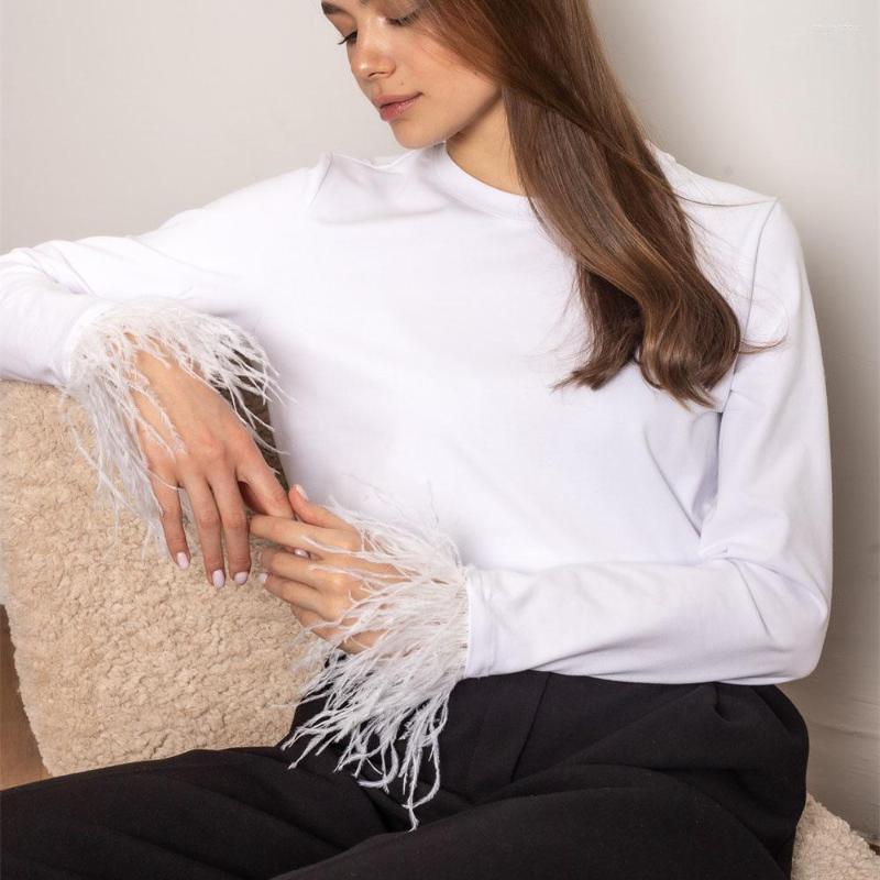 

Men' Sweaters 2023 Spring Women Elegant Splicing Feather Long Sleeve Blouse T-Shirt Female White Fashion Chic Simple Casual Pullovers Top