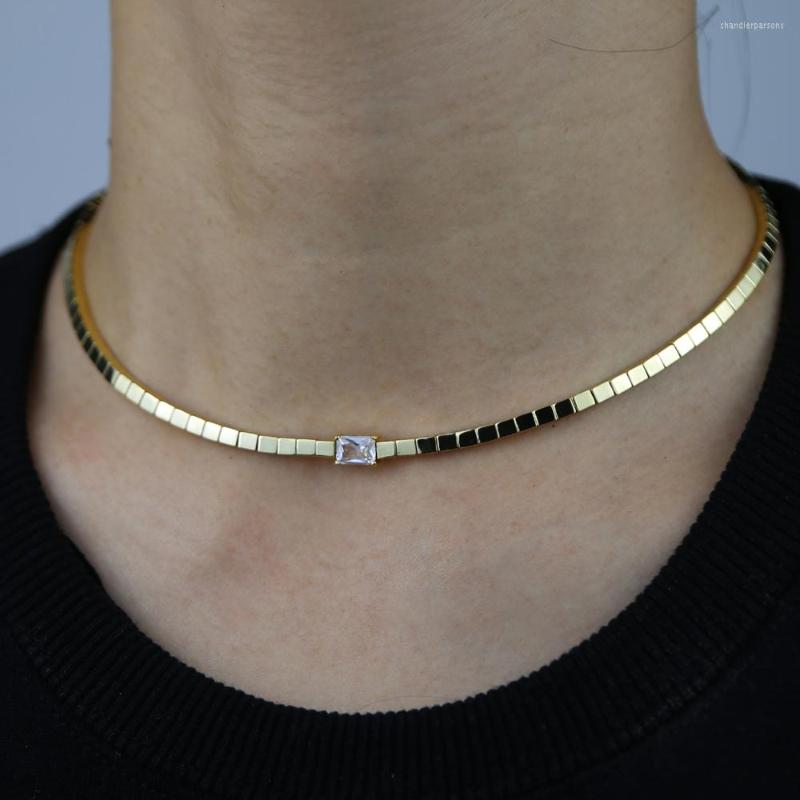

Chains European Simple Trendy Women Jewelry Gold Color Single Clear CZ Rectangle Charm Tennis Choker Necklace