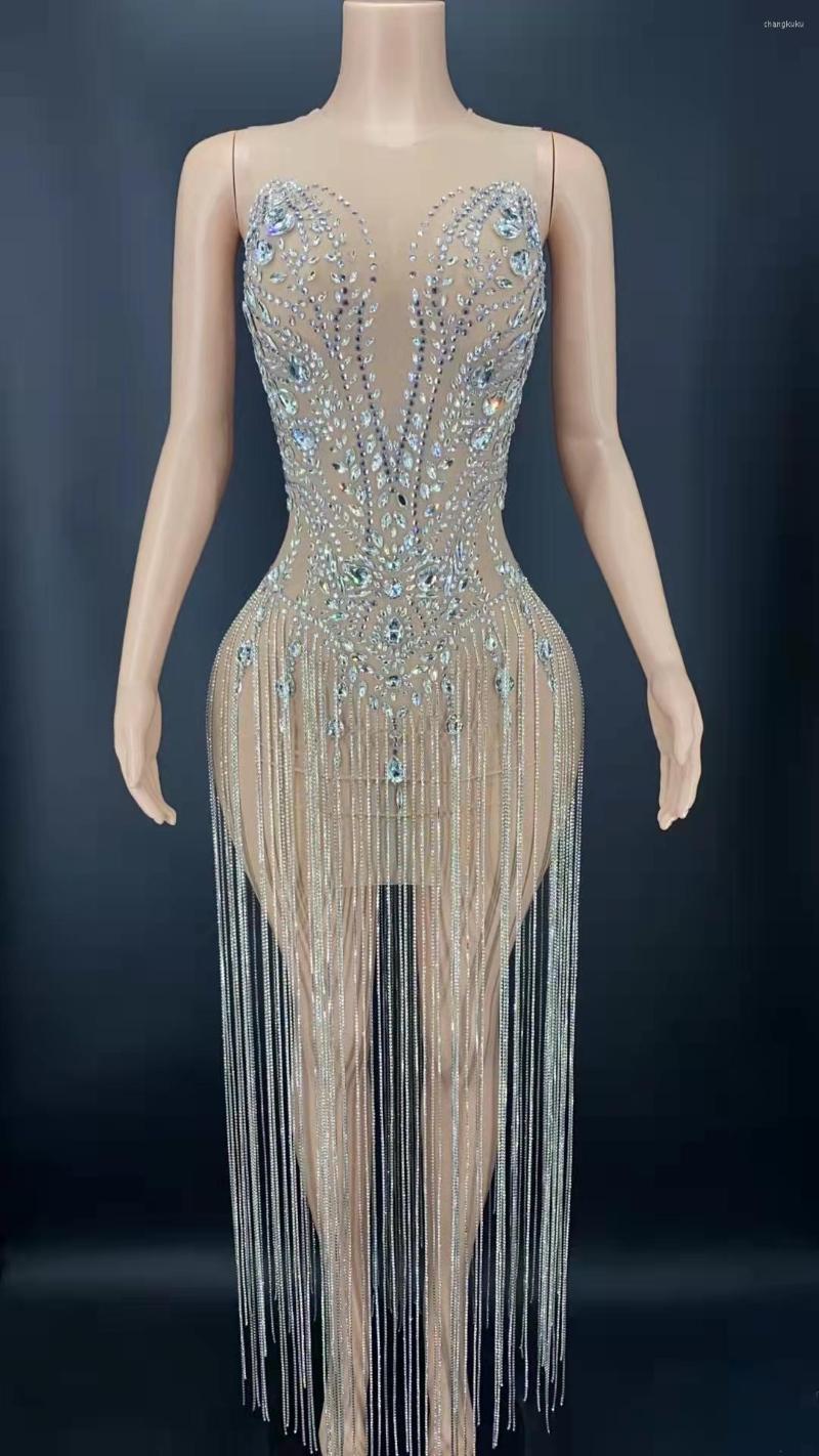 

Stage Wear Silver Sparkly Sexy Crystals Fringes Transparent Sleeveless Dress Wedding Evening Birthday Celebrate Rhinestones Costume Outfit, Picture