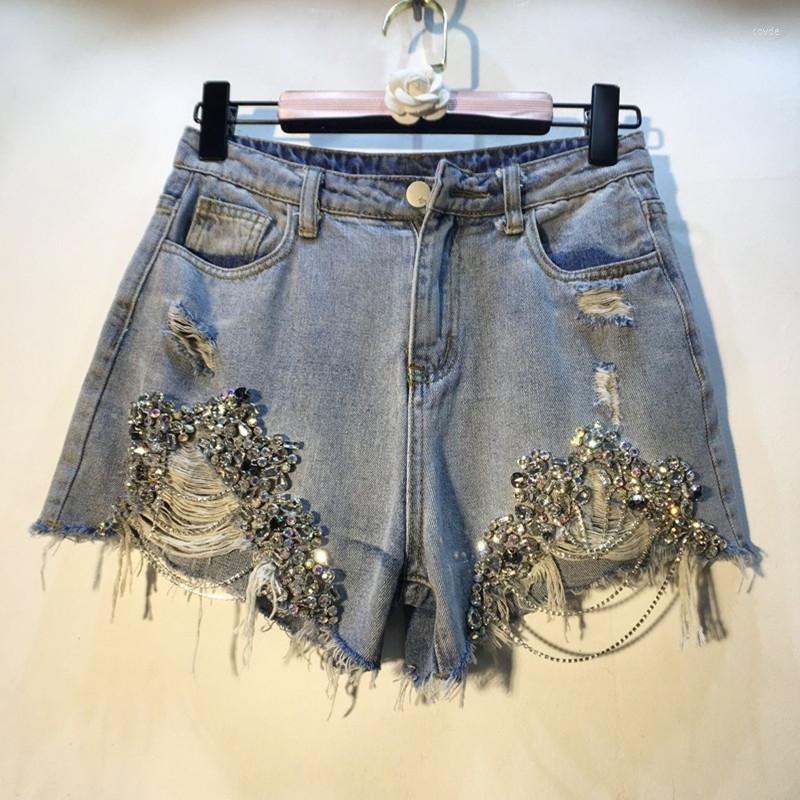 

Women' Shorts Women Real High Waist Sale Cotton Casual Solid 2023 Summer Heavy Work Beaded Diamond Chain Hole Female, Sky blue
